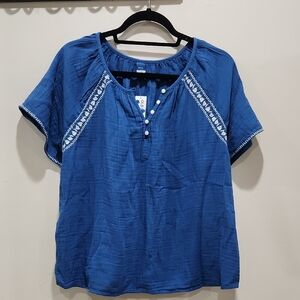 Old Navy Royal Blue Embroidered Short Sleeve Peasant Blouse
